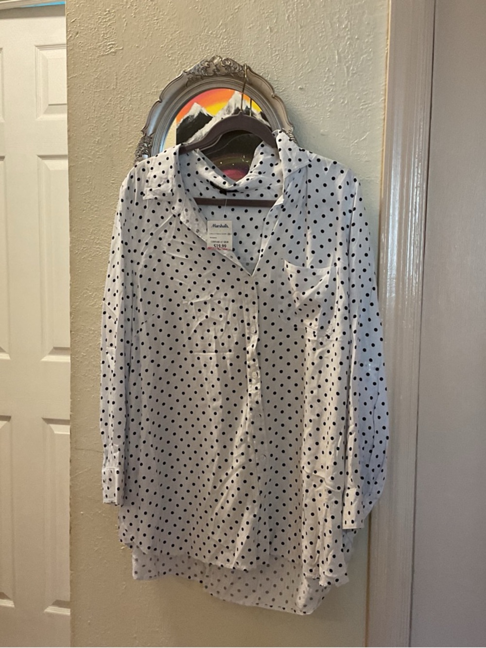 Velvet Heart White Button-Down Shirt with Black Polka Dots